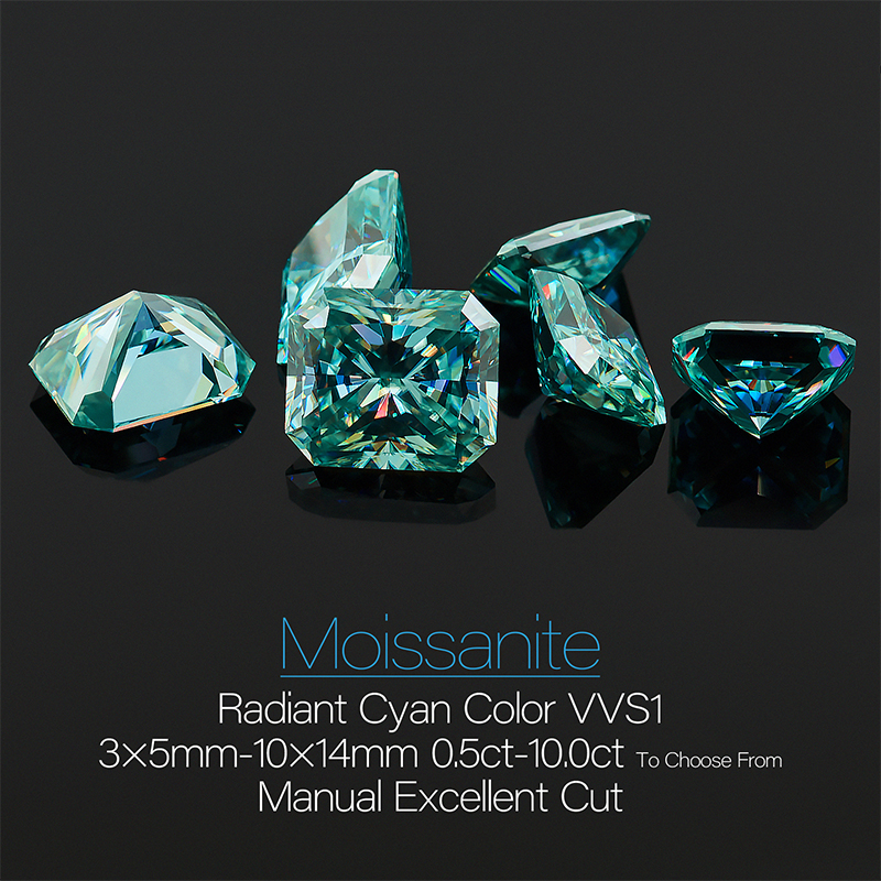 Cyan Blue Color Radiant Cut Moissanite Stone Loose Gemstone For Jewelry Making Pass Diamond test