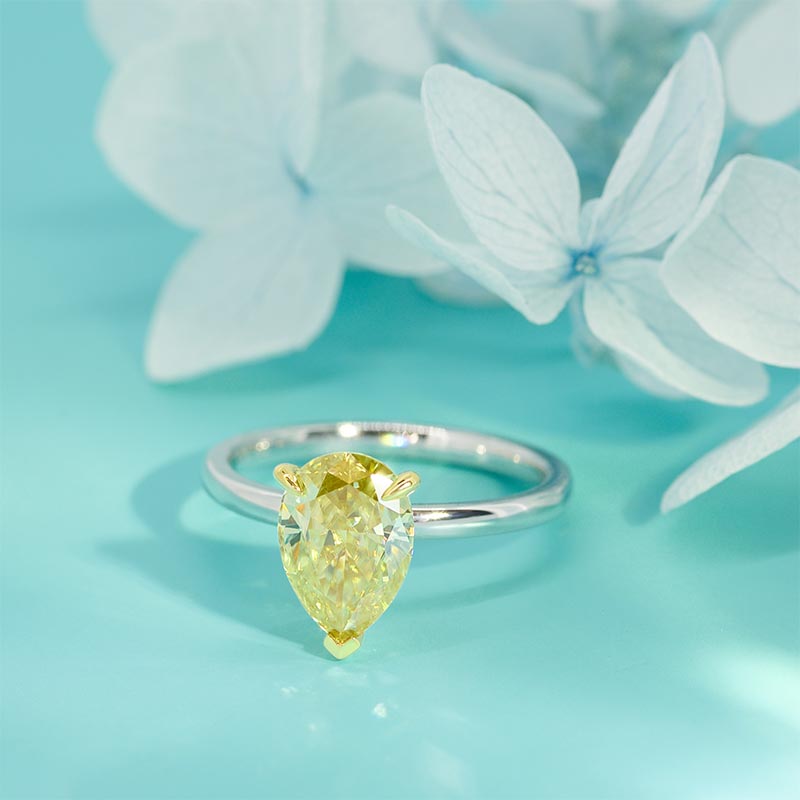 3ct Vivid Yellow Uncoated color 7X11mm Pear Cut Ring Moissanite 9K/14K/18K White Gold , Moissanite Ring, Engagement Ring, Women Gift
