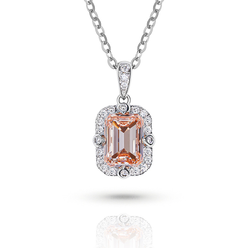Pink color 1.0ct Lab Grown Diamond 14K/18K/ Rose Gold Platinum Emerald Cut With side Diamond With Set Women Necklace,Diamond Necklace