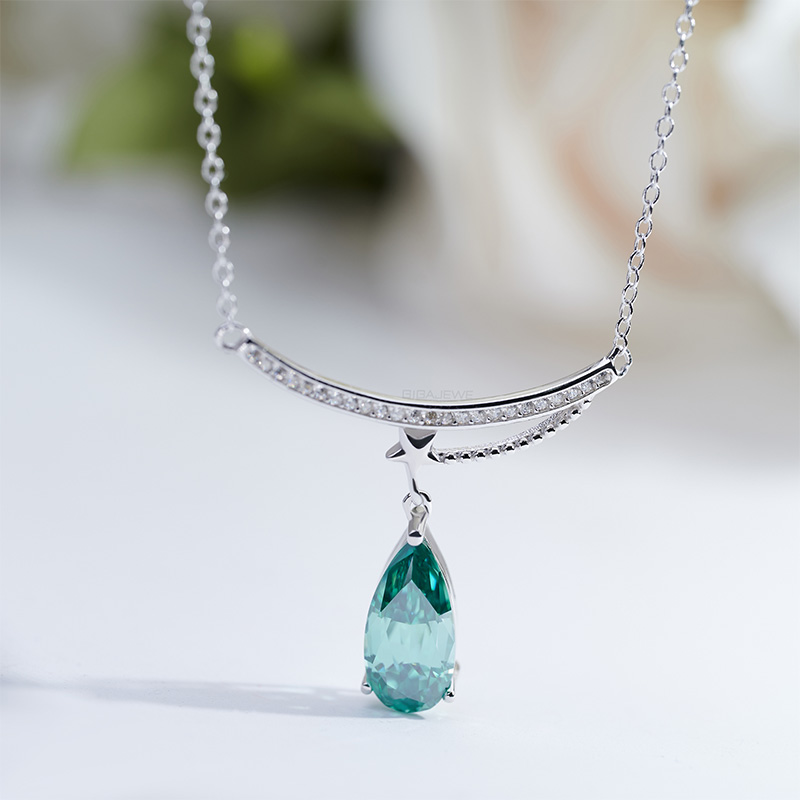 GIGAJEWE 9K/14K/18K White Solid gold 6*12mm 3ct Green Pear cut Moissanite Side all moissanite Necklace,Engagement Necklace,Women Necklace