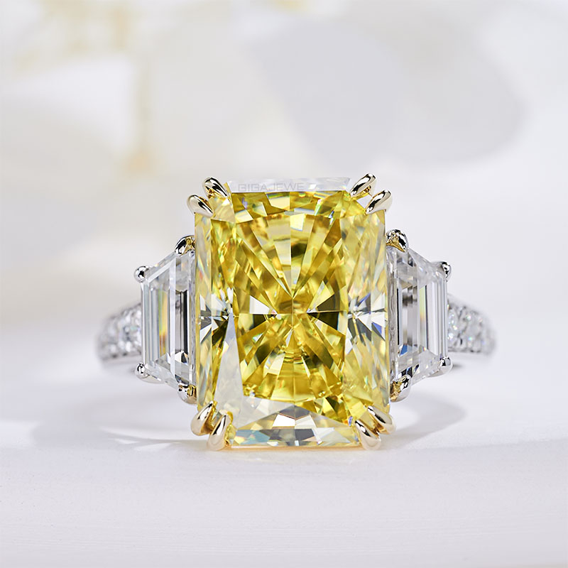 GIGAJEWE 10.0ct 10*14mm Radiant Cut Vivid Yellow Color 9K/14K/18K solid White gold Moissanite Ring, Engagement Ring Wedding Ring