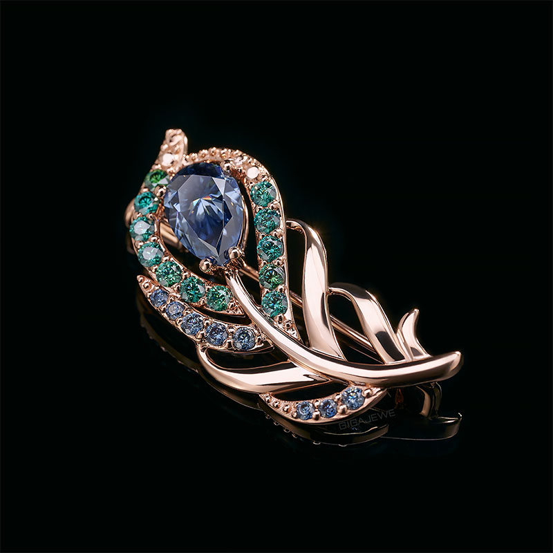 GIGAJEWE Green and 7*10mm 2.0ct Natural blue color Pear cut moissanite Feather Brooches 9K/14K/18K Rose Gold Moissanite Brooches