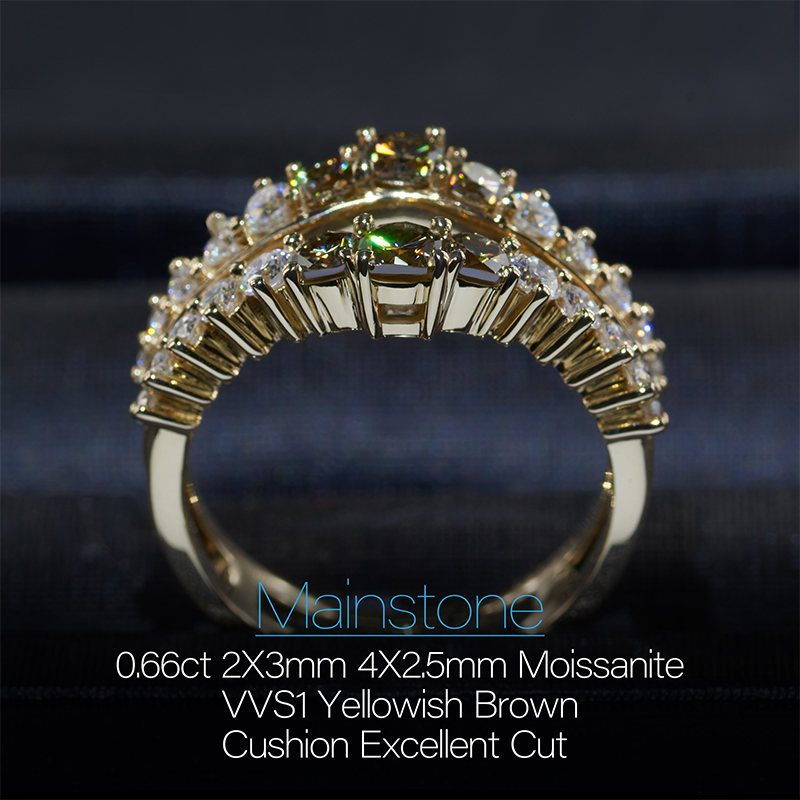 GIGAJEWE Total 1.16ct 2X3mm 4X2.5mm Moissanite VVS1 Yellowish Brown Cushion Cut 18K Yellow Gold Ring Jewelry Girlfriend Gift