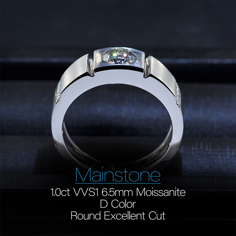 GIGAJEWE Mainstone 1.0ct 6.5mm D Color Moissanite Round Cut VVS1 18K White Gold Ring Jewelry Man Boyfriend Gift