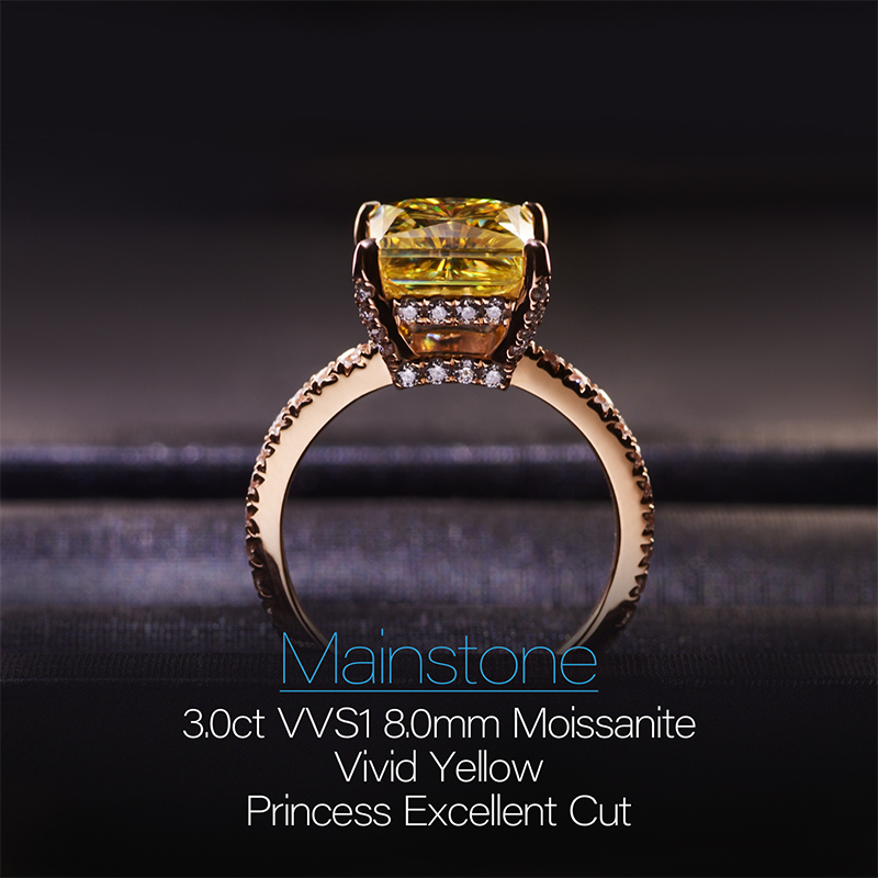 GIGAJEWE 3.0ct 8.0mm Fancy Vivid Yellow Color Moissanite VVS1 Princess Cut 18K Gold Ring Jewelry Anniversary Girlfriend Gift