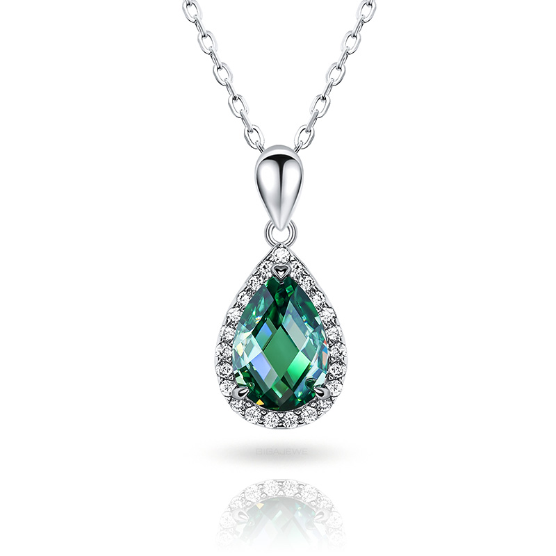GIGAJEWE 7*10mm 3ct Green color Rose Cut Pear Cut Moissanite 18K White Gold Plated Silver Pendant Necklace Woman Girl Gift