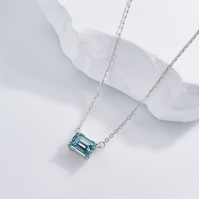 GIGAJEWE 6*8mm 2ct Cyan color Emerald Cut Moissanite 18K White Gold Plated Silver Pendant Necklace Woman Girl Gift