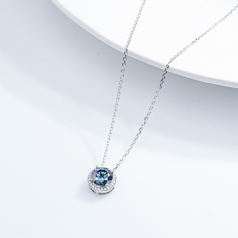 GIGAJEWE 1.0ct White Gold 9K/14K/18K Necklace 6.5mm Round cut Natural Blue Color Moissanite Necklace ,Gold Necklace,Women Gifts