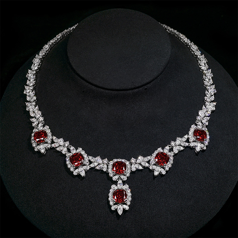 GIGAJEWE Total 89.02ct Plated 18K White Gold Necklace Red and white Pear and Cushion cut Moissanite Necklace ,Gold Necklace,Women Gifts
