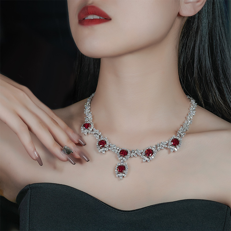 GIGAJEWE Total 89.02ct Plated 18K White Gold Necklace Red and white Pear and Cushion cut Moissanite Necklace ,Gold Necklace,Women Gifts