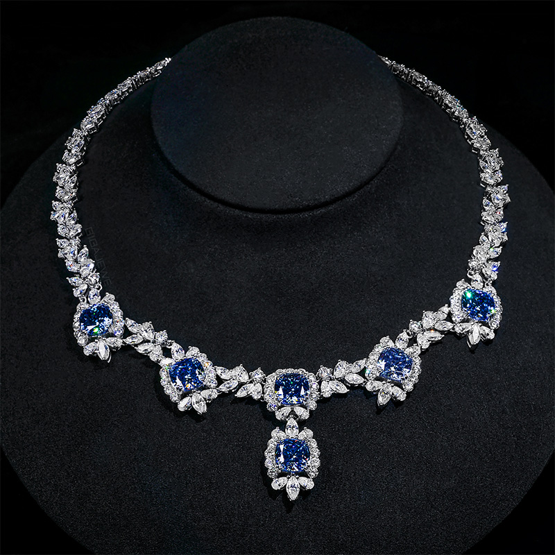 GIGAJEWE Total 89.02ct 18K White Gold Necklace Natural Blue and white Pear and Cushion cut Moissanite Necklace ,Gold Necklace,Women Gifts