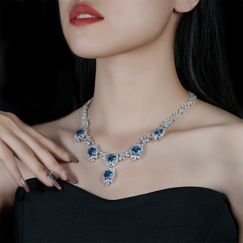 GIGAJEWE Total 89.02ct 18K White Gold Necklace Natural Blue and white Pear and Cushion cut Moissanite Necklace ,Gold Necklace,Women Gifts