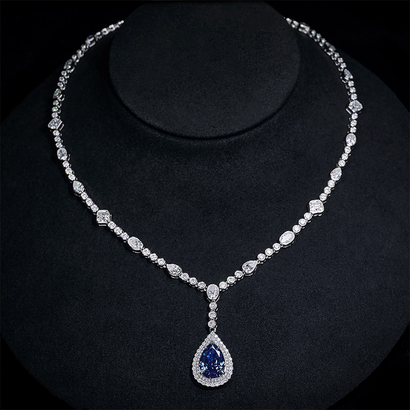 GIGAJEWE Total 23.15ct Plated 18K White Gold Necklace White and 10*14mm Blue Pear Cut Moissanite Necklace ,Gold Necklace,Women Gifts