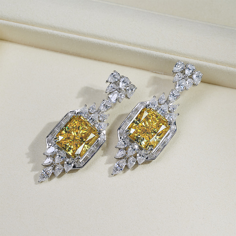 GIGAJEWE Total 53.24ct 925 silver plated gold Earrings 14*16mm 17ct Vivid Yellow Radiant Cut Push Back Moissanite Earrings ,Wedding gift