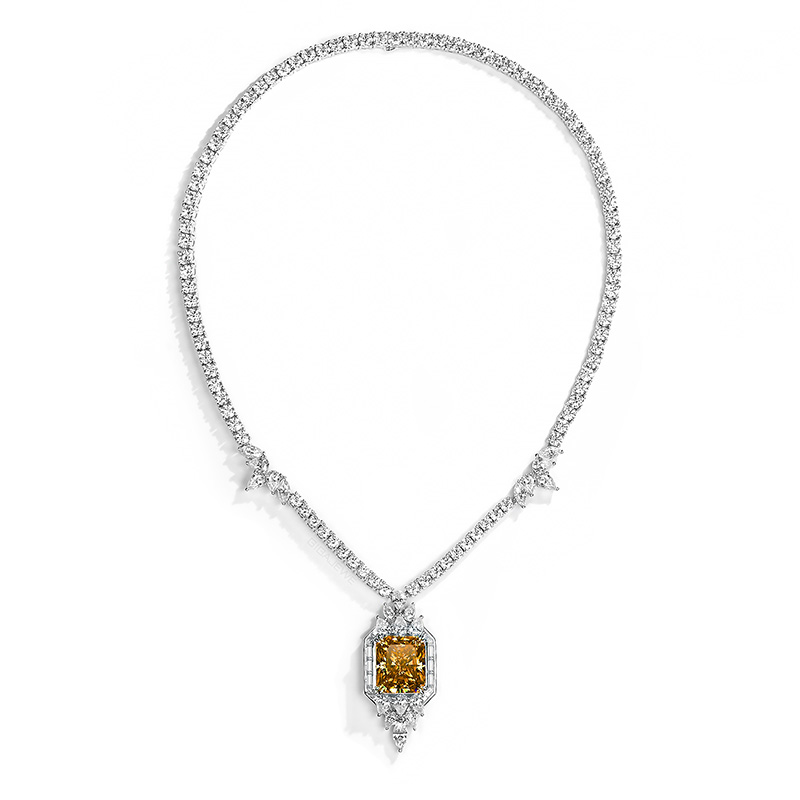 GIGAJEWE Total 53.92ct Plated 18K White Gold Necklace 14*16mm Radiant cut Brown Color Moissanite Necklace ,Gold Necklace,Women Gifts