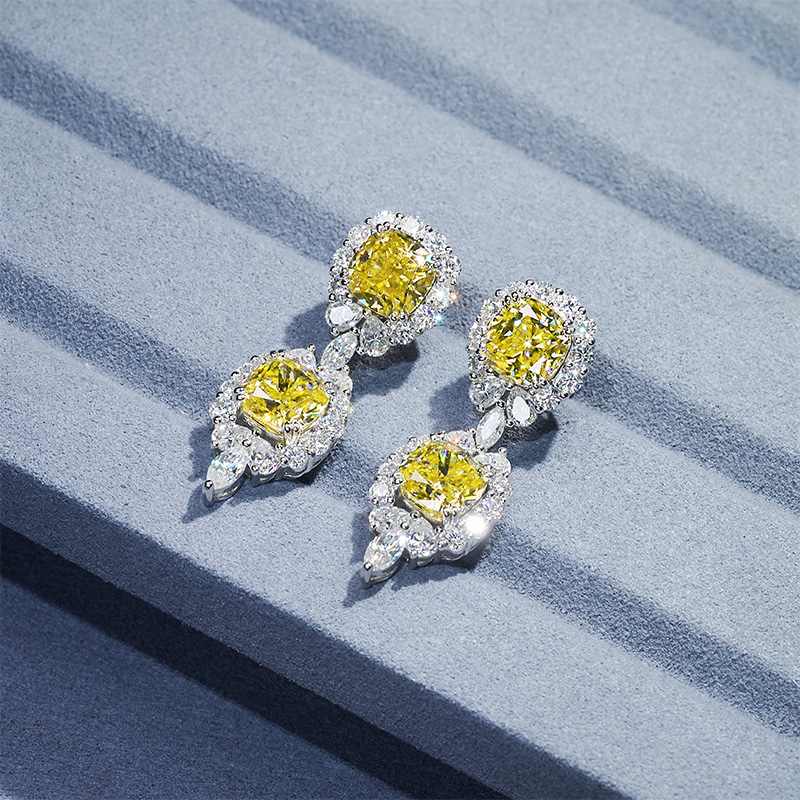 GIGAJEWE Natural Yellow Color Total 16.9ct 925 silver plated gold Earrings 8*8mm Cushion Cut Push Back Moissanite Earrings ,Wedding gift