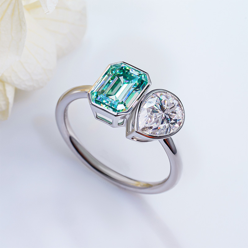 GIGAJEWE Total 3.5Ct Cyan color 6*8mm Emerald and Pear Cut Moissanite 9K/14K/18K White Gold Moissanite Engagement Ring, Engagement Ring