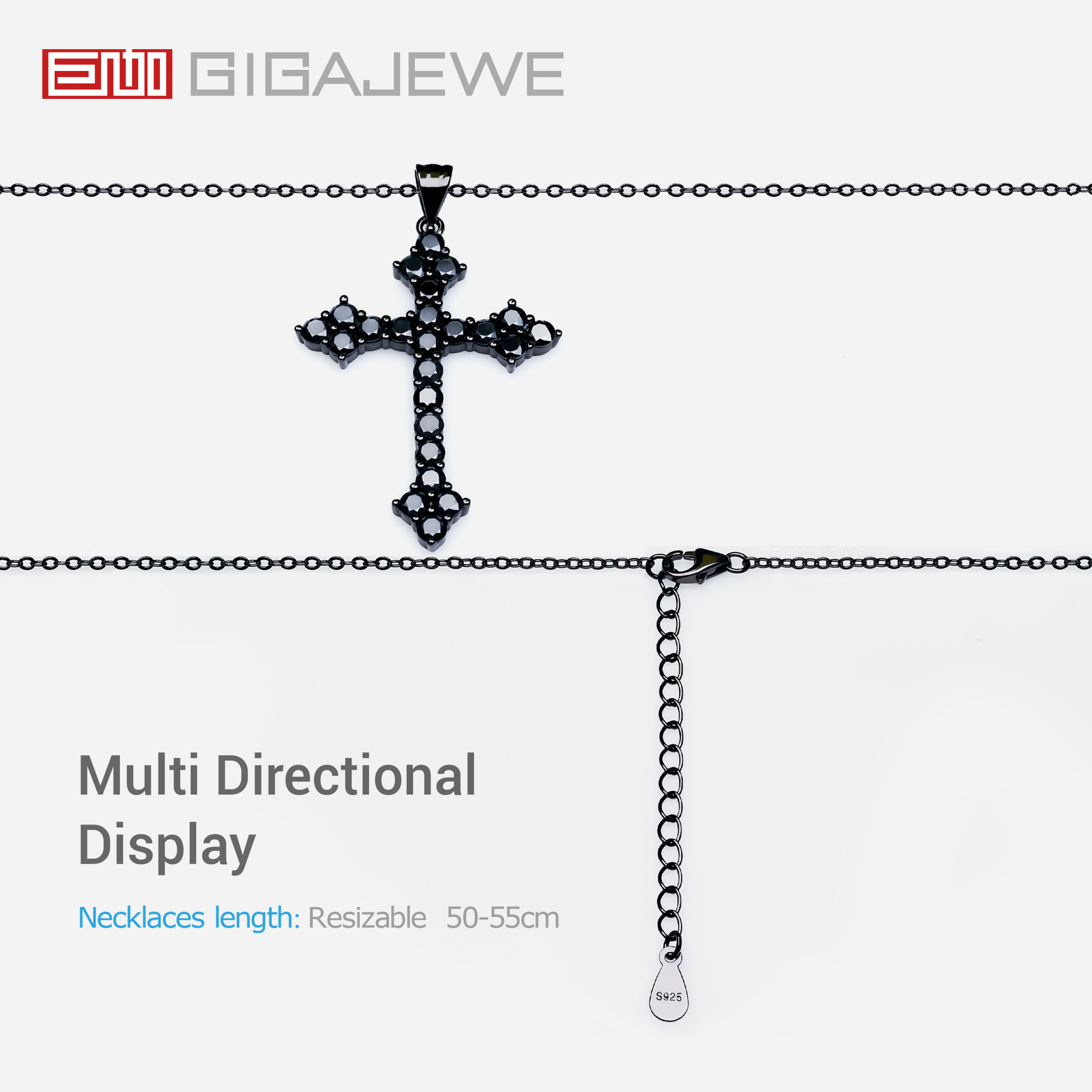 GIGAJEWE Total 0.1ct 3mmX24 Round Black VVS1 Moissanite 925 Silver Christian Religious Cross Pendant Necklace Woman Girl Gift