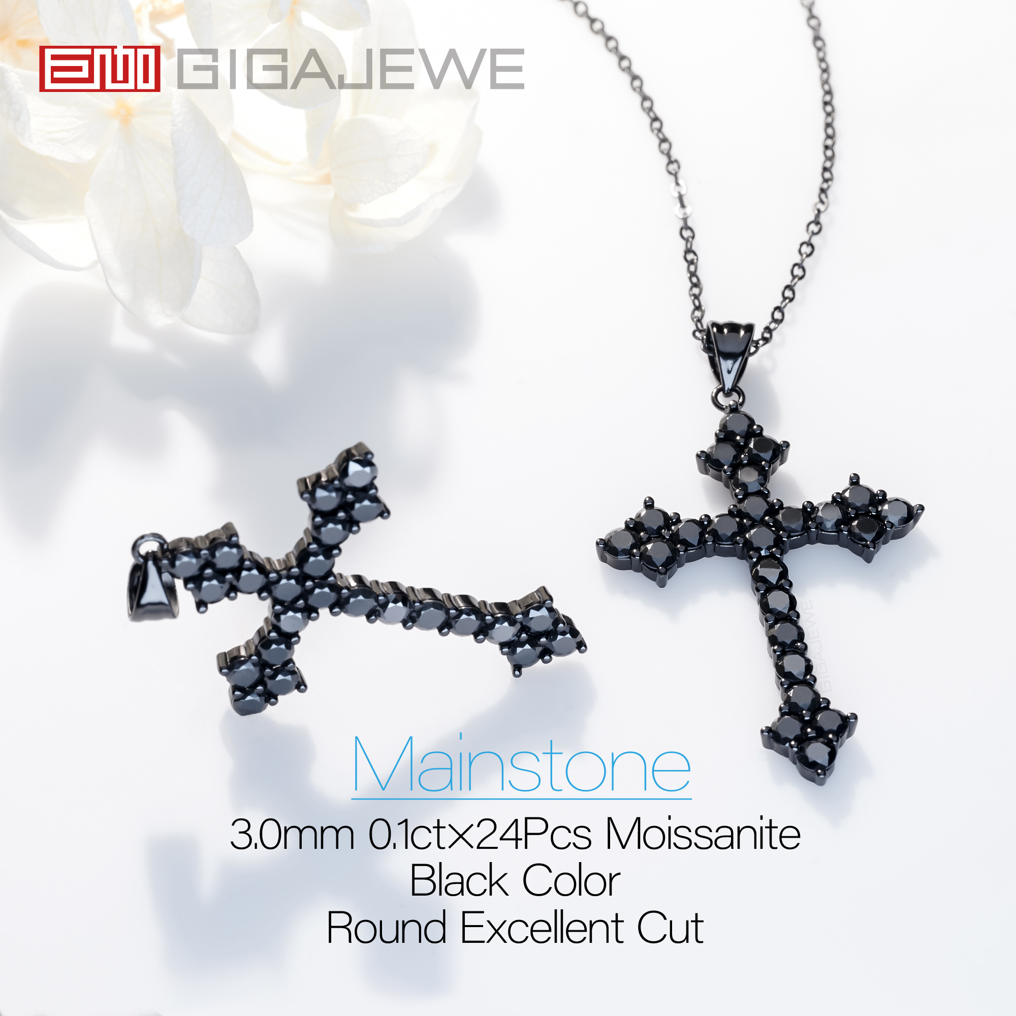 GIGAJEWE Total 0.1ct 3mmX24 Round Black VVS1 Moissanite 925 Silver Christian Religious Cross Pendant Necklace Woman Girl Gift