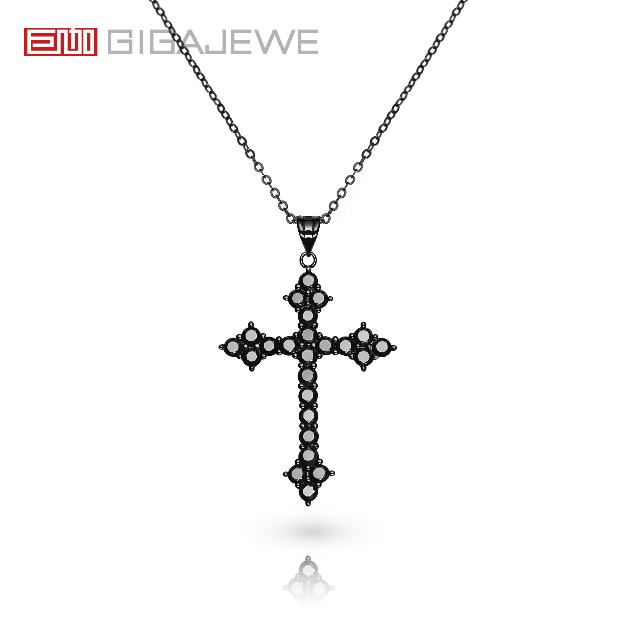 GIGAJEWE Total 0.1ct 3mmX24 Round Black VVS1 Moissanite 925 Silver Christian Religious Cross Pendant Necklace Woman Girl Gift