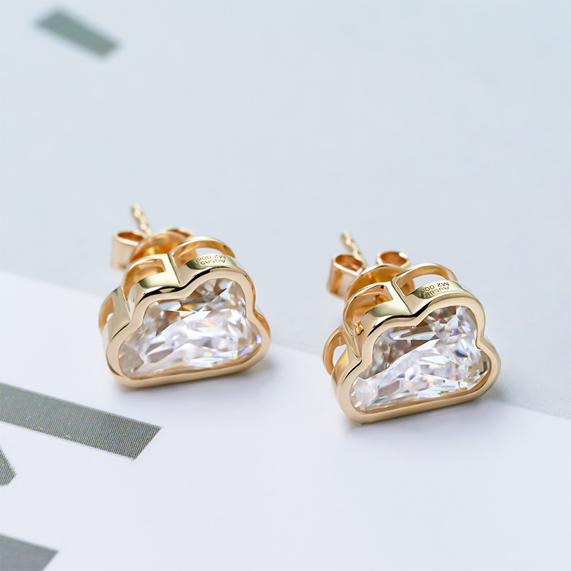 GIGAJEWE Yellow Solid Gold 9K/14K/18K Earrings 6.5*9mm Cloud Cut White Color Push Back Moissanite Earrings ,Stud Earrings