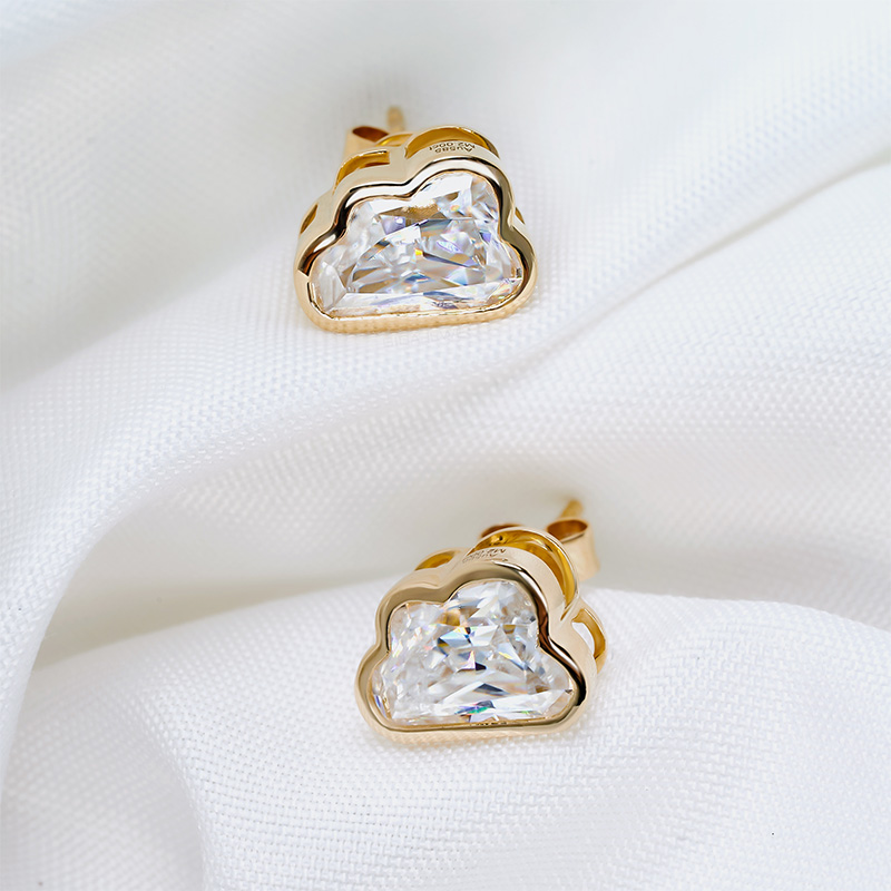 GIGAJEWE Yellow Solid Gold 9K/14K/18K Earrings 6.5*9mm Cloud Cut White Color Push Back Moissanite Earrings ,Stud Earrings