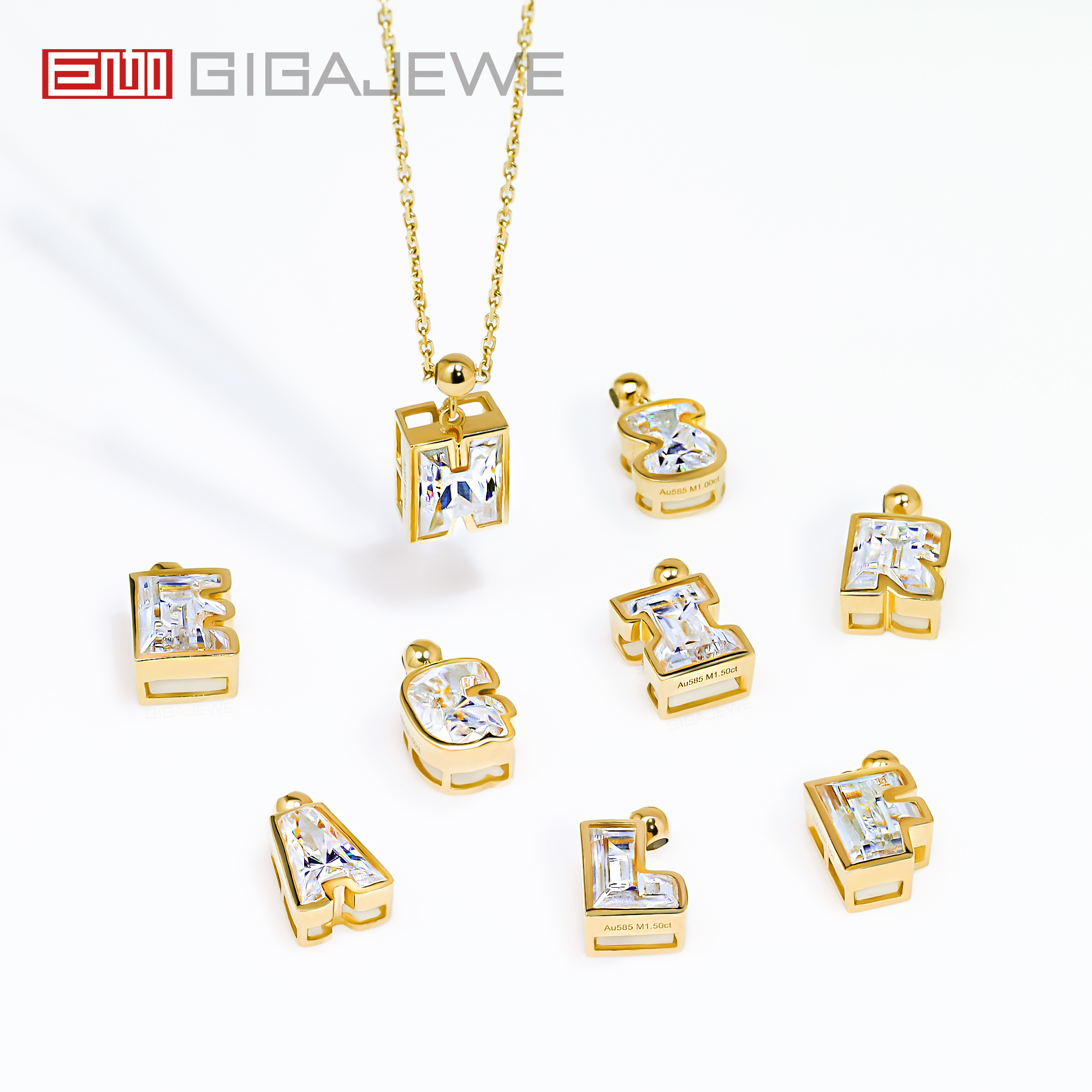 GIGAJEWE Yellow Solid Gold 9K/14K/18K Necklace White D Color Custom Initial Name Necklace ,Custom Initial Necklace,alphabet necklace