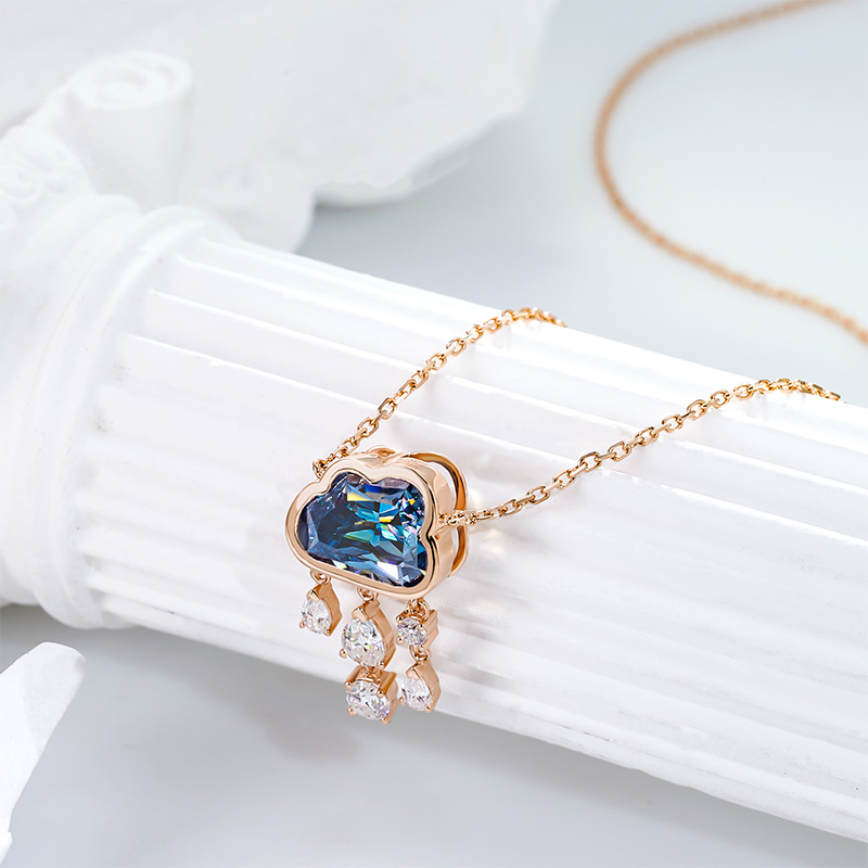 GIGAJEWE Total 3ct Yellow Solid Gold 9K/14K/18K Necklace 7.5*9 MM Cloud cut Natural Blue Color Moissanite Necklace,Rain cloud necklace