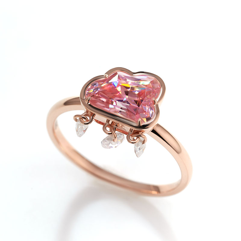 GIGAJEWE 2ct Pink color 6.5*9mm Cloud Cut Ring with Floating Moissanite 9K/14K/18K Yellow Gold , Moissanite Ring, Engagement Ring