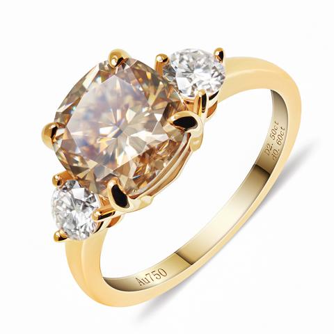 GIGAJEWE Total 3.1ct 8.5mm Yellowish Brown Color Moissanite VVS1 Cushion Cut 18K Yellow Gold Ring Jewelry Woman Girlfriend Gift