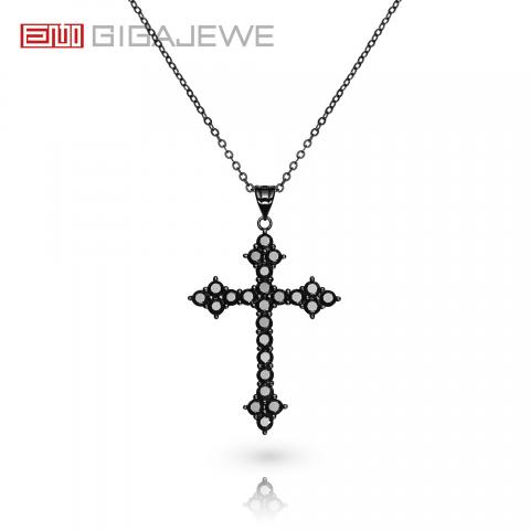 GIGAJEWE Total 0.1ct 3mmX24 Round Black VVS1 Moissanite 925 Silver Christian Religious Cross Pendant Necklace Woman Girl Gift