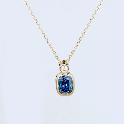 GIGAJEWE 9K/14K/18K Yellow Solid gold 5*7mm 1.0ct Blue color Cushion cut Moissanite Necklace,Engagement Necklace,Women Necklace