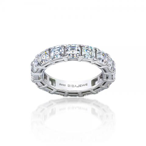 GIGAJEWE 4mm 6-10ct Asscher Cut White D Color Moissanite Eternity Band Silver 925 Plated with 18k Gold Ring